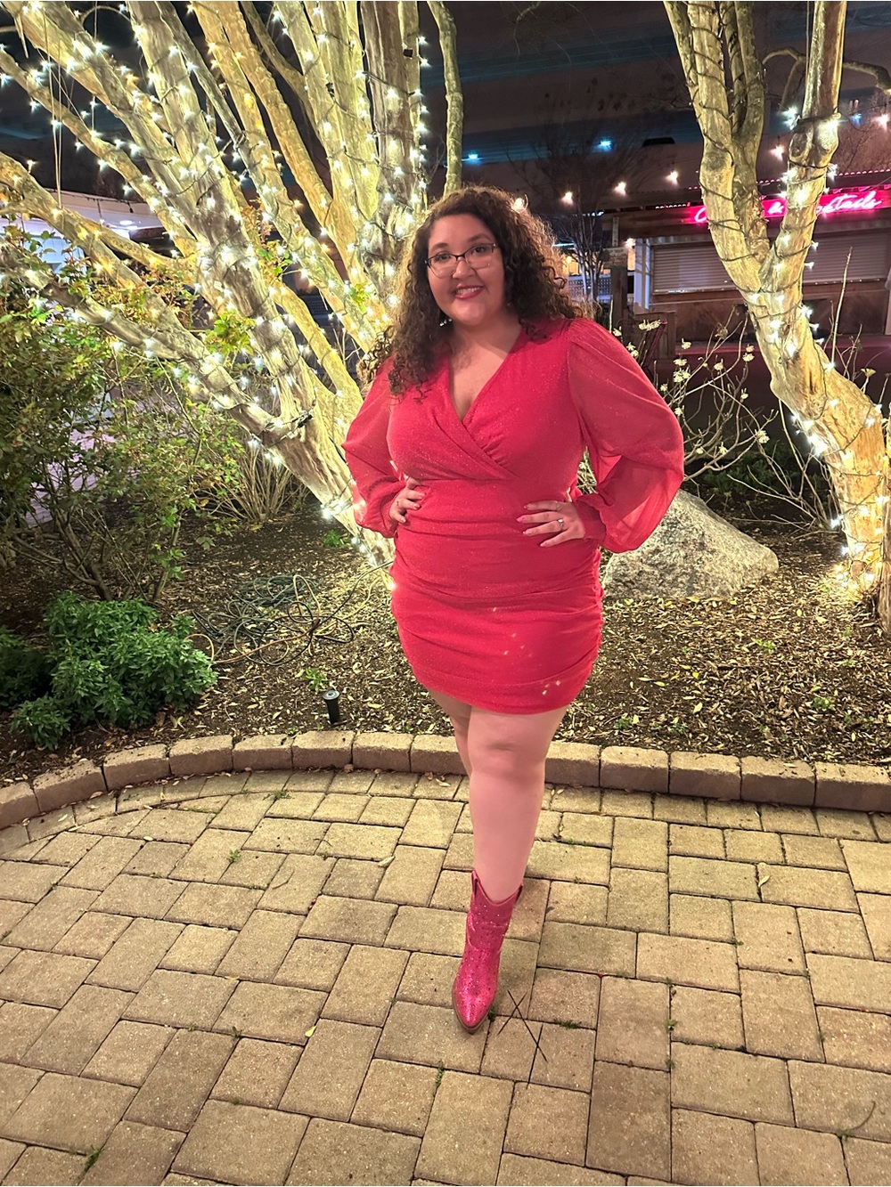 Hot Pink V-Neck Long Sleeve Ruched Mini Dress